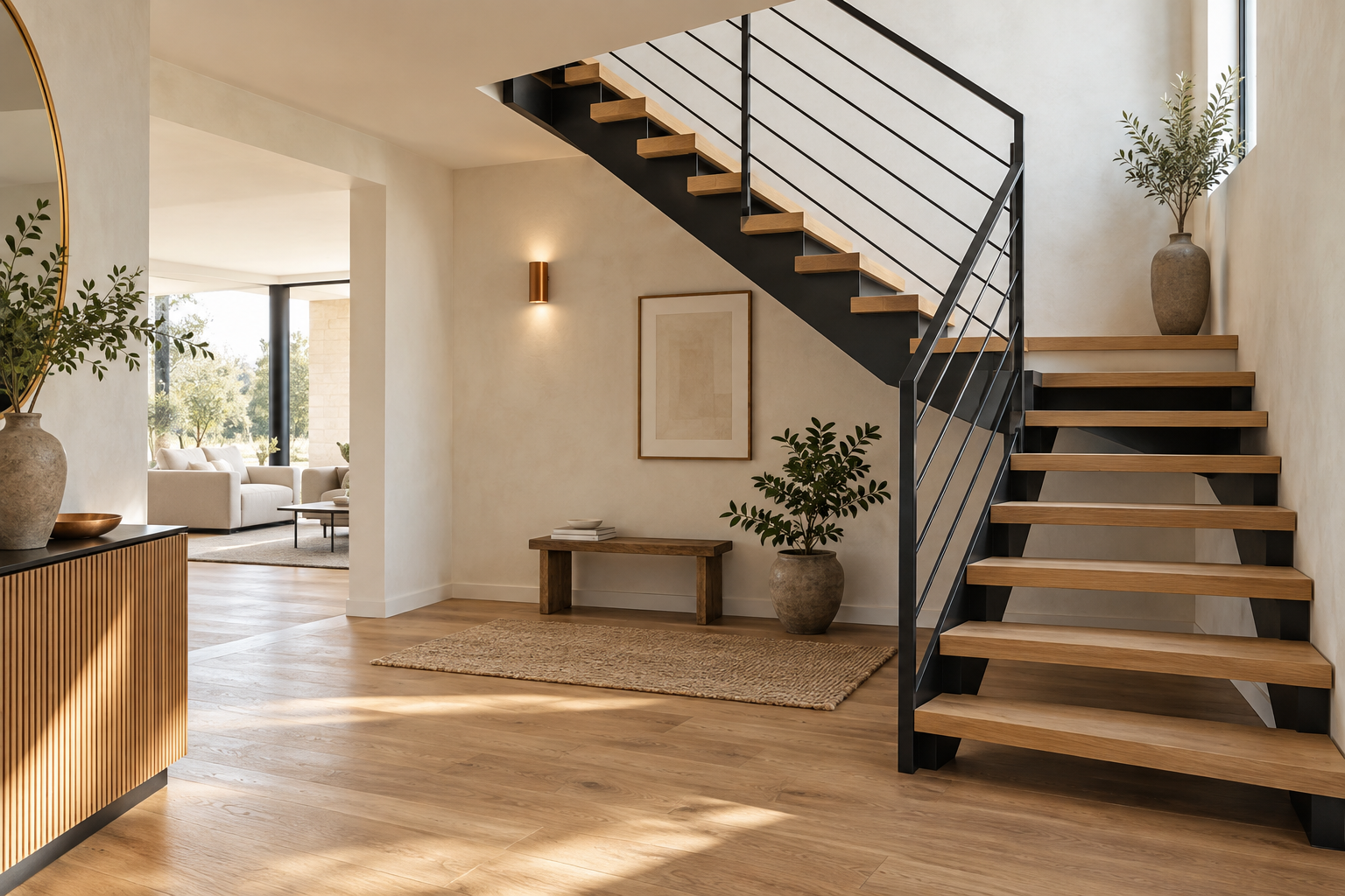 Escalier contemporain quart tournant en bois et métal dans un intérieur moderne — image d’illustration